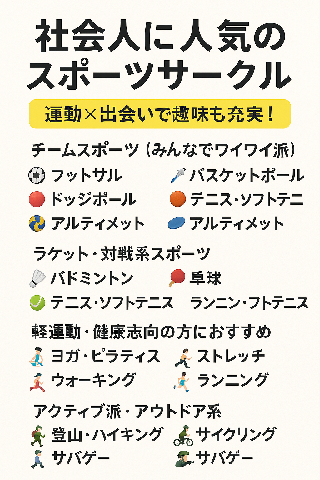 【保存版】社会人に人気のスポーツサークル15選｜運動×出会いで趣味も充実！